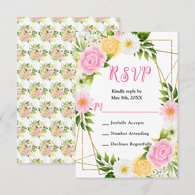 Summer Pink and Yellow Flowers and Foliage RSVP Karte (Vorne/Hinten)