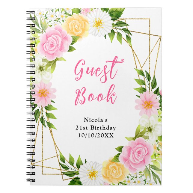 Summer Pink and Yellow Flowers Birthday Guest Book Notizblock (Vorderseite)