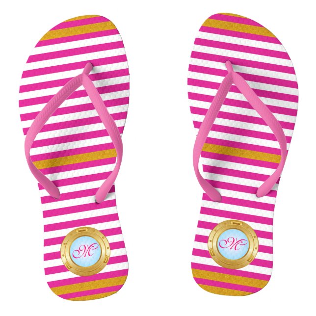 Summer Pink Gold Streifen Mit Monogramm Beach Flip Flops (Fußbett)