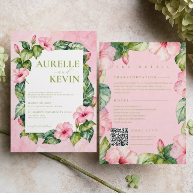 Summer Pink Green Floral Watercolor QRcode Wedding Einladung (Von Creator hochgeladen)