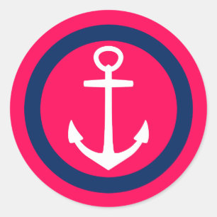 Summer Pink Navy Blue und White Anchor Runder Aufkleber