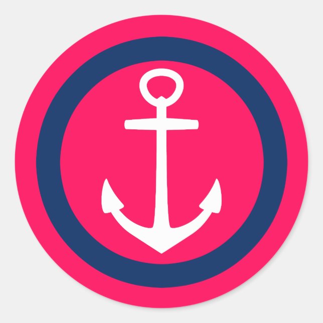Summer Pink Navy Blue und White Anchor Runder Aufkleber (Vorderseite)