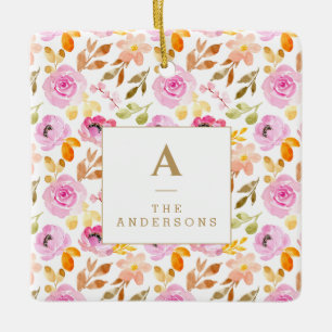 Summer Pink Watercolor Floral Family Monogram   Keramikornament
