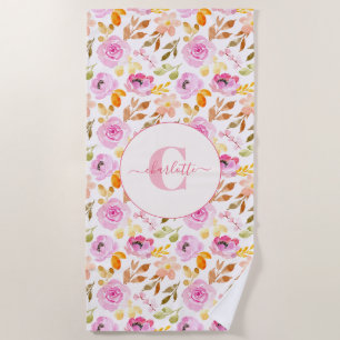 Summer Pink Watercolor Floral Monogramm und Name Strandtuch
