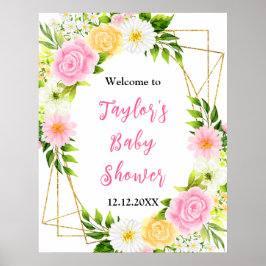 Summer Pink Yellow Floral Baby Shower Welcome Sign Poster