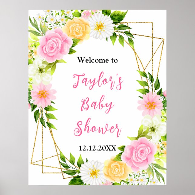 Summer Pink Yellow Floral Baby Shower Welcome Sign Poster (Vorne)