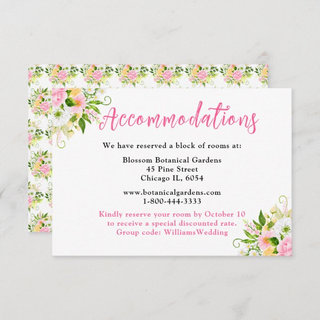 Summer Pink Yellow Floral Wedding Accommodations Begleitkarte (Vorne/Hinten)
