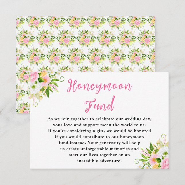 Summer Pink Yellow Floral Wedding Honeymoon Fund Begleitkarte (Vorne/Hinten)