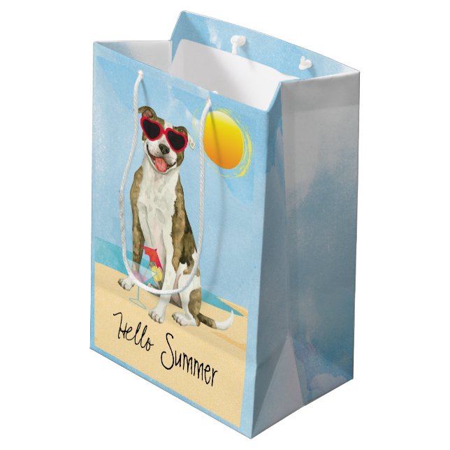 Summer Pit Bull Terrier Medium Gift Bag Mittlere Geschenktüte (Rückseite Schrägansicht)