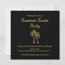 Summer Pool Party Beach Tropical Palm Trees Black Einladung