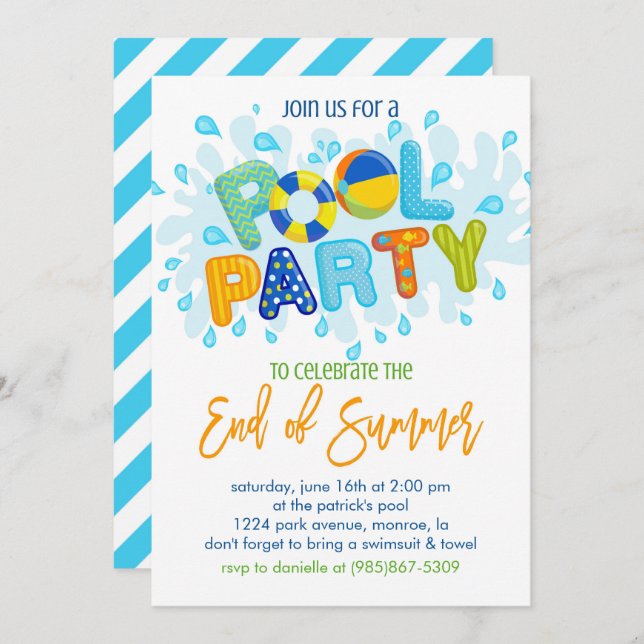 Summer Pool Party, Ende des Schuljahres Party Einladung (Vorne/Hinten)