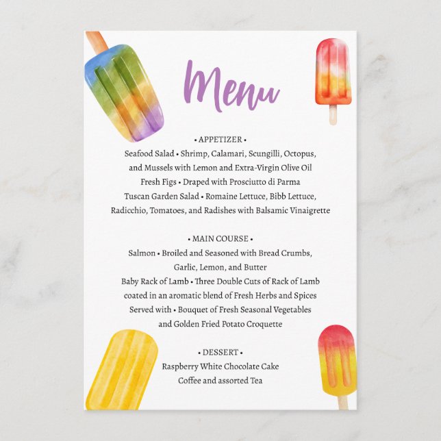 Summer Popsicle Baby Shower Menü (Vorderseite)