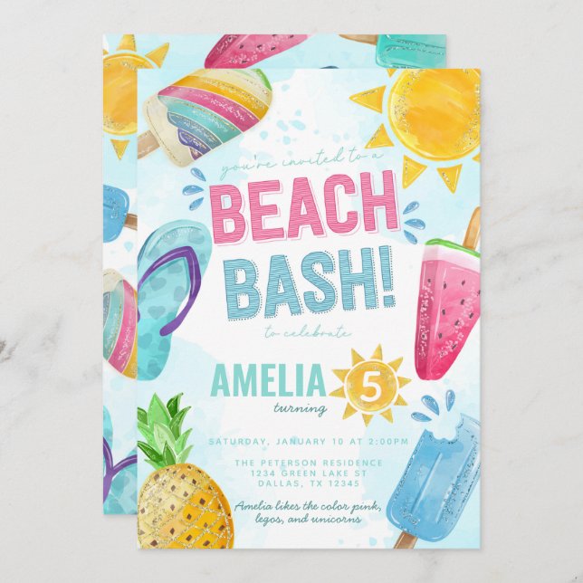 Summer Popsicle Beach Bash Geburtstagsparty Einladung (Vorne/Hinten)