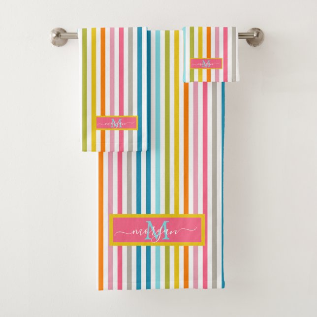 Summer Rainbow Strips Monogram Script Badhandtuch Set (Insitu)