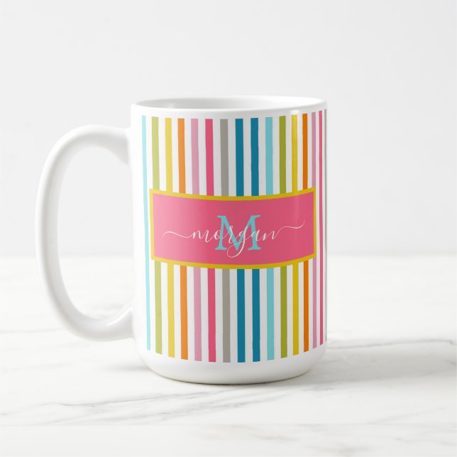 Summer Rainbow Strips Monogram Script Kaffeetasse (Links)