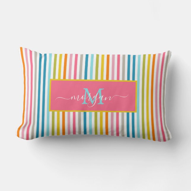 Summer Rainbow Strips Monogram Script Lendenkissen (Vorderseite)