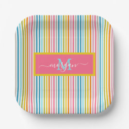 Summer Rainbow Strips Monogram Script Pappteller