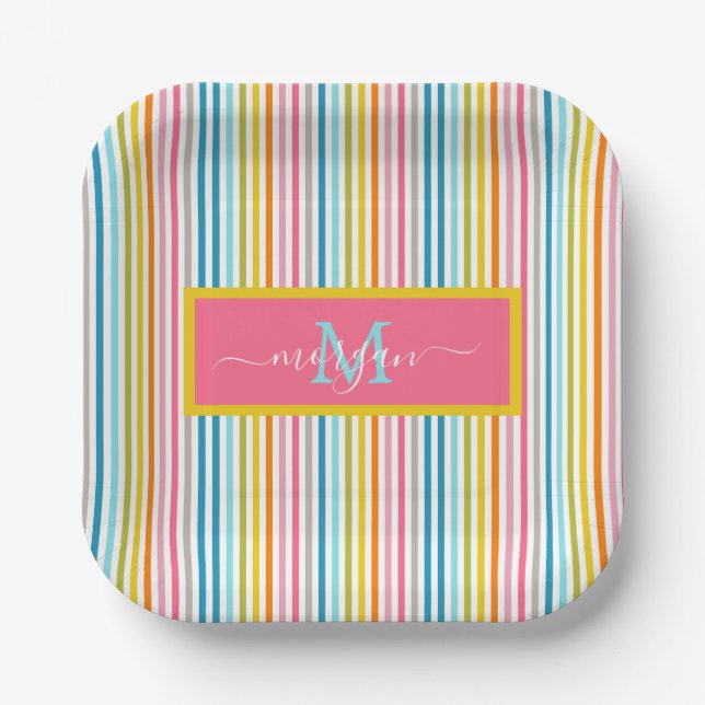 Summer Rainbow Strips Monogram Script Pappteller (Vorderseite)
