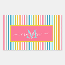 Summer Rainbow Strips Monogram Script Rechteckiger Aufkleber