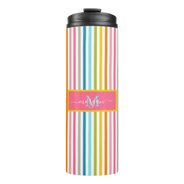 Summer Rainbow Strips Monogram Script Thermosbecher (Vorderseite)