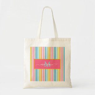 Summer Rainbow Strips Monogram Script Tragetasche