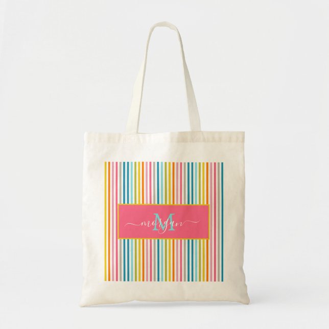 Summer Rainbow Strips Monogram Script Tragetasche (Vorne)