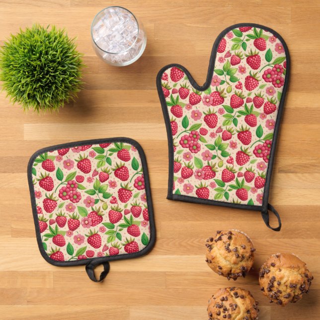 Summer Raspberry Garden Botanical Fruit Pattern Ofenhandschuh & Topflappen-Set (Oben Unten)