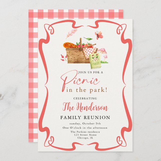 Summer red Fun Picnic in der Parkfamilie Wiederseh Einladung (Vorne/Hinten)