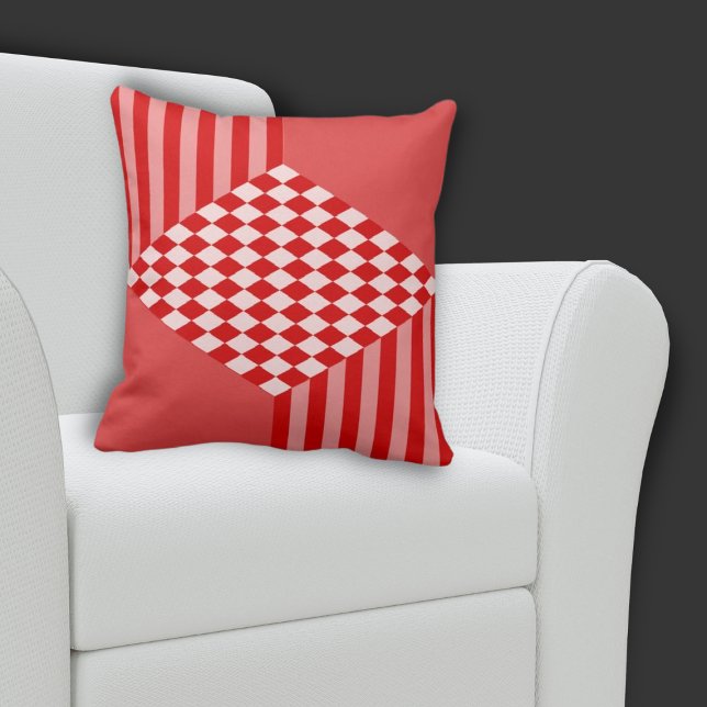 Summer Red Geometric Stripes Diamond Schachbretter Kissen (Centered Diamond Pattern Red Pillow)