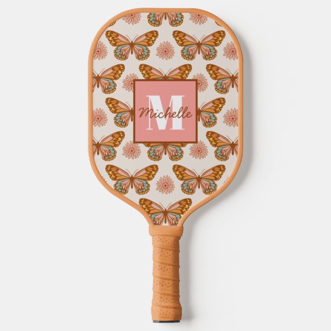 Summer Retro Butterfly | Monogramm Pickleball Schläger (Vorderseite)