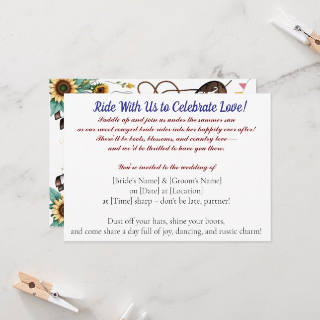 Summer Ride to Forever – Cowgirl Wedding Bliss" Einladung (Vorderseite/Rückseite Beispiel)