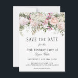 Summer Rose Floral 75. Geburtstag Save the Date<br><div class="desc">Senden Sie die Datumskarten an, damit Ihre Gäste Ihr Party oder Ihre Veranstaltung planen können. Hier für eine Feier zum 75. Geburtstag, können Sie diesen Text ganz nach Ihren Wünschen personalisieren. Schöne rosa Rosen und gemischte Gartenblüten machen dieses Design so schön feminin und frisch. Rosa Rosen, gemischte Blume und Grünpflanzen...</div>