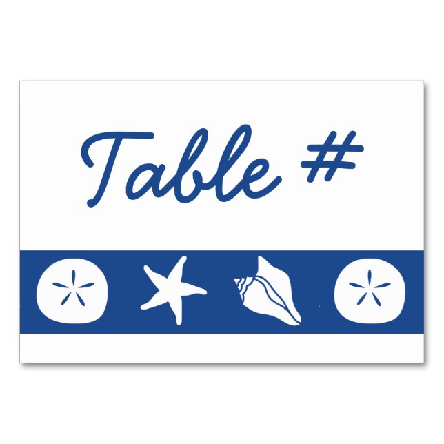 Summer Seashells in Blue Table Card Tischnummer (Vorderseite)