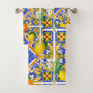 Summer ,Sicilian tiles ,citrus,oranges,majolica    Badhandtuch Set