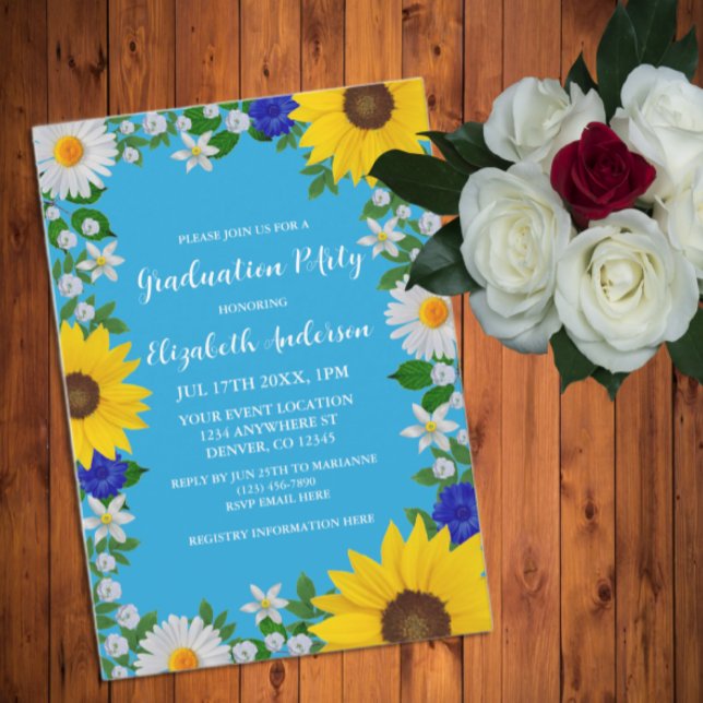 Summer Sky Blue Floral Graduation Party Einladung (Von Creator hochgeladen)