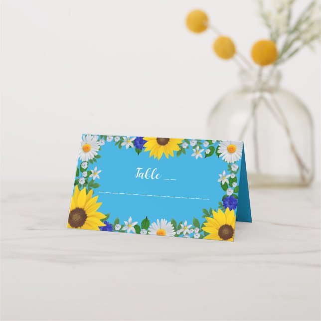 Summer Sky Blue Floral Wedding Platzkarte (Vorderseite)