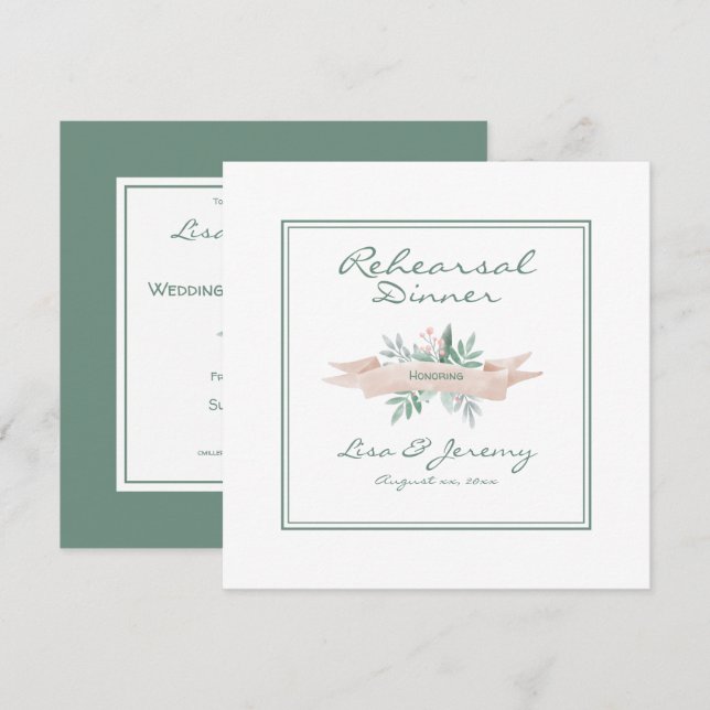 Summer Soft Pink, Green Wedding Probe Dinner Einladung (Vorne/Hinten)