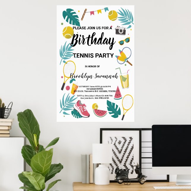 Summer Splash Birthday Tennis Party Poster (Heimbüro)