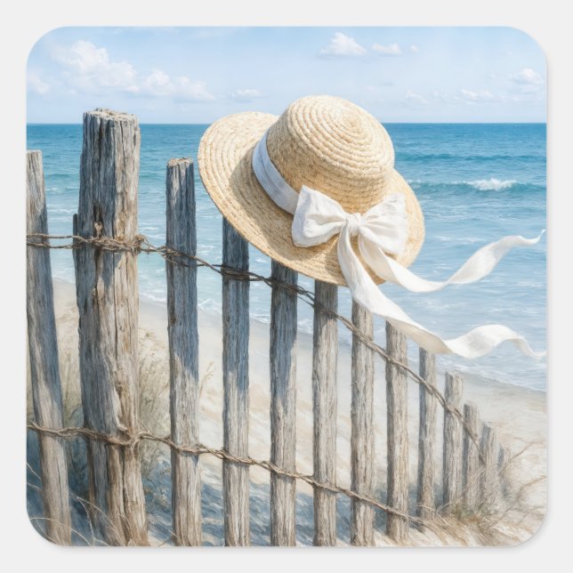 Summer Straw Hat In Ocean Breeze Quadratischer Aufkleber (Vorderseite)