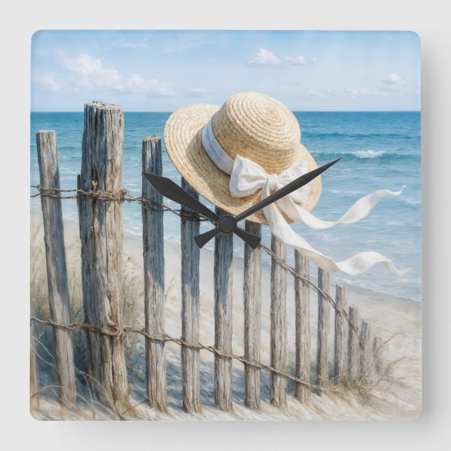 Summer Straw Hat On Beach Fence Quadratische Wanduhr (Vorderseite)