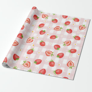 Summer Strawberry Daisy Floral Pink Gingham Party Geschenkpapier