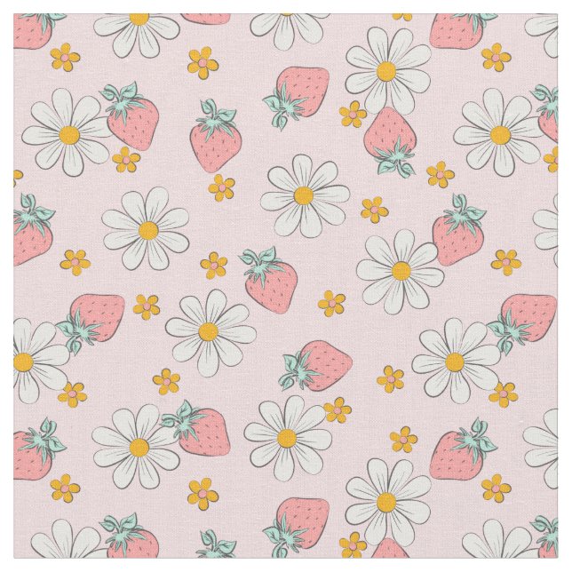 Summer Strawberry Daisy Floral  Stoff (Nahaufnahme)