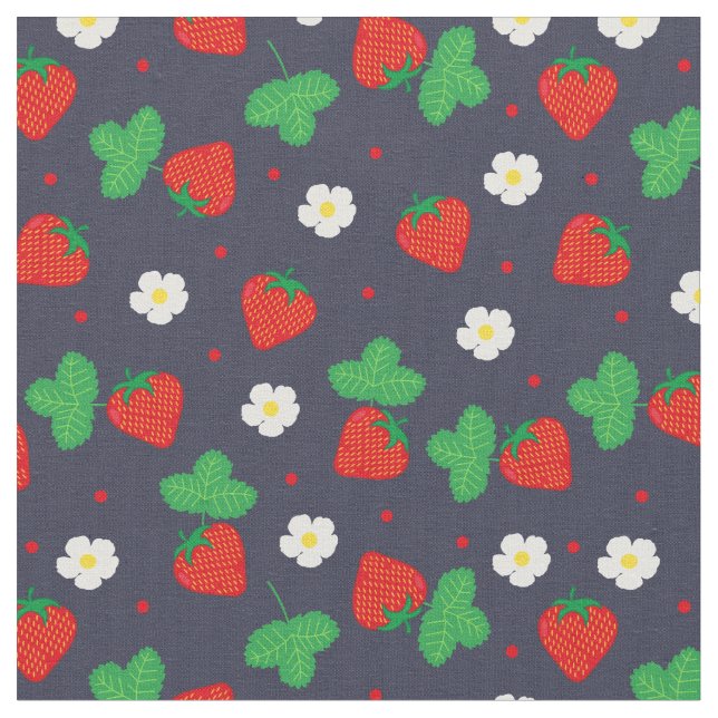 Summer Strawberry Pattern auf Navy Blue Stoff (Nahaufnahme)