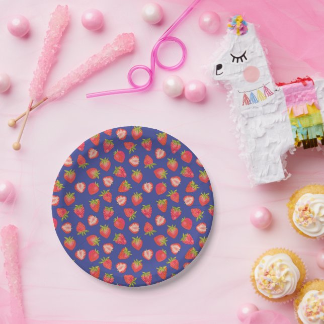 Summer Strawberry Red Blue Pattern Pappteller (Party)