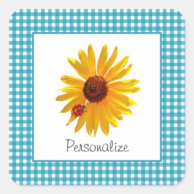Summer Sunflower Gingham Name Quadratischer Aufkleber (Vorderseite)