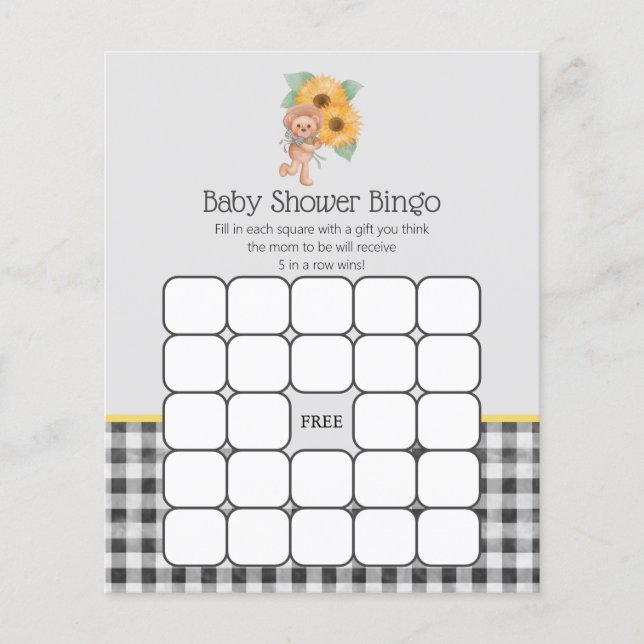 Summer Sunflower Teddy Bear Baby Dusche Bingo Spie (Vorderseite)