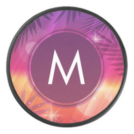 Summer Sunset Palm Trees Monogram Lila Orange Eishockey Puck