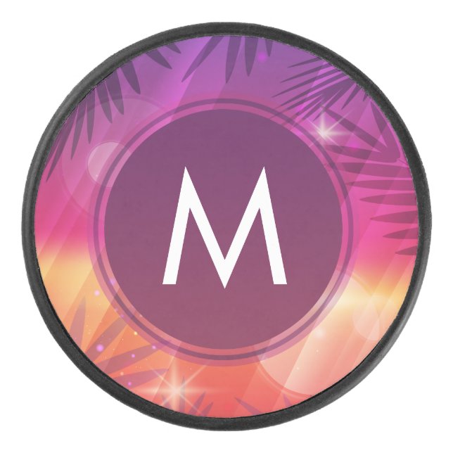 Summer Sunset Palm Trees Monogram Lila Orange Eishockey Puck (Vorderseite)