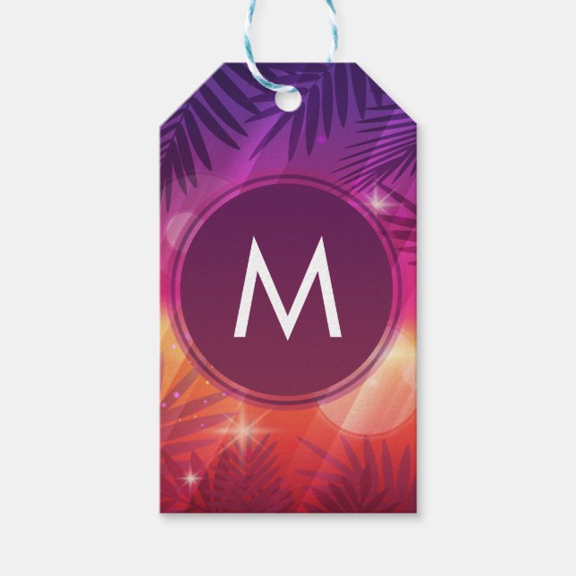 Summer Sunset Palm Trees Monogram Lila Orange Geschenkanhänger (Vorderseite)