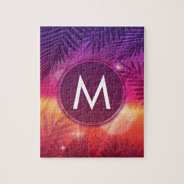 Summer Sunset Palm Trees Monogram Lila Orange Puzzle (Vertikal)